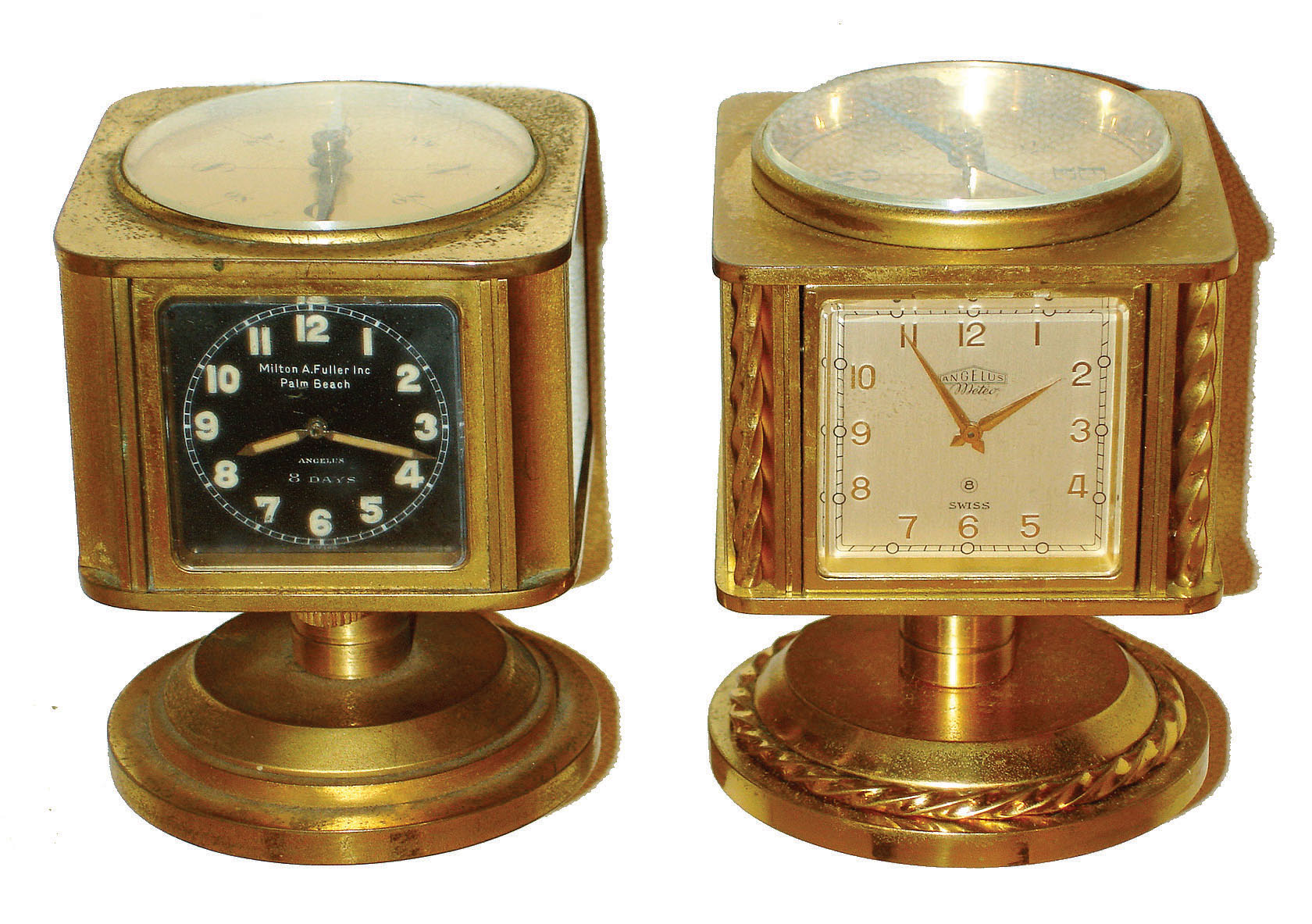 Clocks- 2 (Two): Angelus, Swiss-made in brass swiveling cases. Both 8 day timepiece 5-dial units with top compass, barometer, Celsius &amp; Fahrenheit thermometer and hygrometer. One with black dials retailed by "Milton A. Fuller, Inc., Palm Beach"; the silvered clock's dial marked "Meteo"; c1960 — Antique Clocks Price Guide