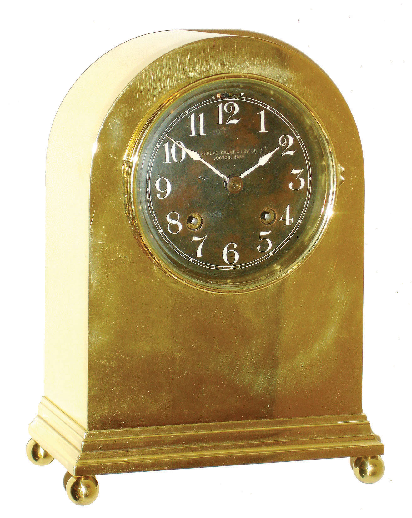 Chelsea Clock Co., Boston, for Shreve, Crump &amp; Low, Boston, "Doric" model 8 day house strike mantel clock in brass round top case and black dial, #20524, 1909 — Antique Clocks Price Guide