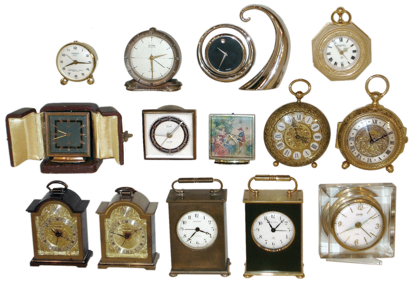 Clocks- 14 (Fourteen) mostly Swiss 8 day: 4 Imhof; Bradley; Angelus; Koch; Cyma; Movado (Japan movement on stand); Looping (for Abercrombie &amp; Fitch); Lexon; Cortland; Swiza Sheffield; 13 with alarm; later 20th century. — Antique Clocks Price Guide
