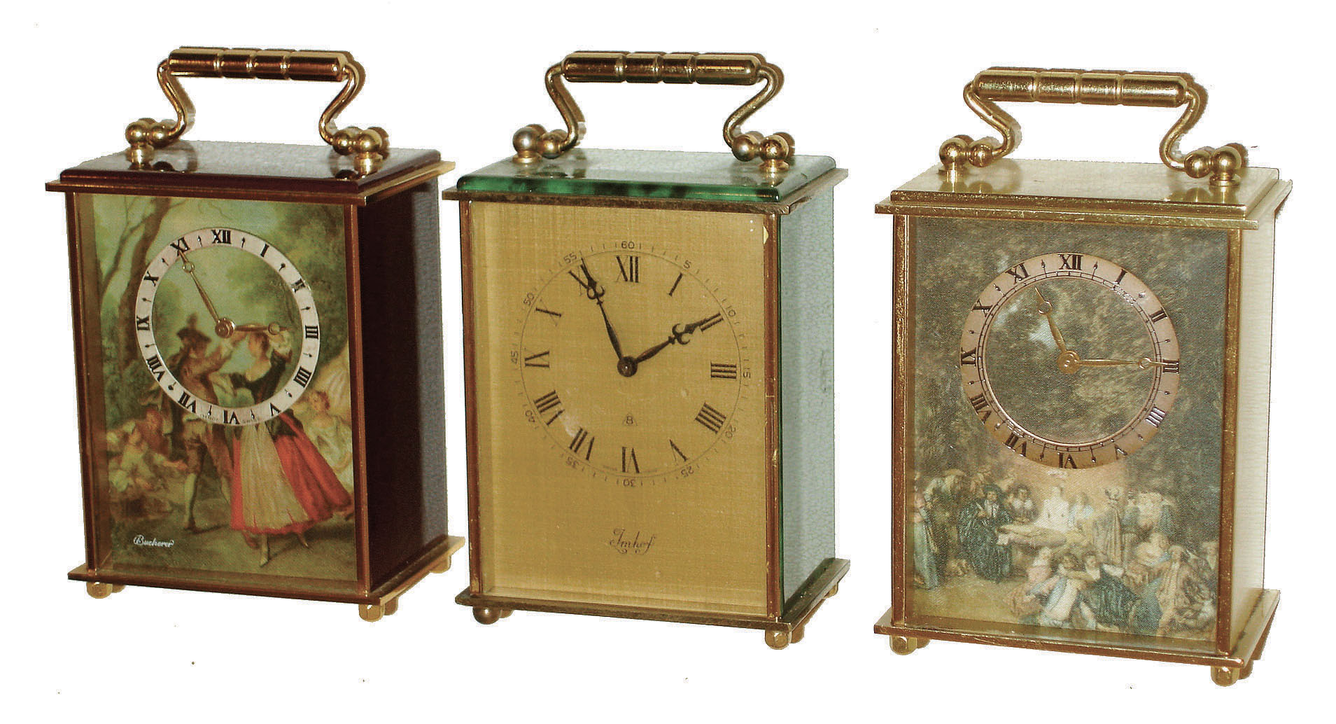 Clocks- 3 (Three) Imhof, Swiss-made, 8 day time only, brass &amp; glass carriage clocks, c1966 — Antique Clocks Price Guide