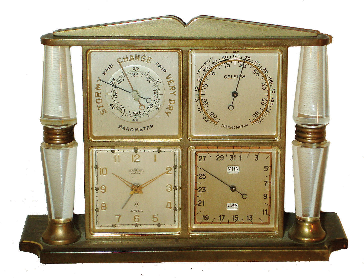 Angelus, Swiss-made weather station in brass and clear acrylic case with 8 day alarm clock, calendar, barometer and Celsius thermometer, c1955 — Antique Clocks Price Guide