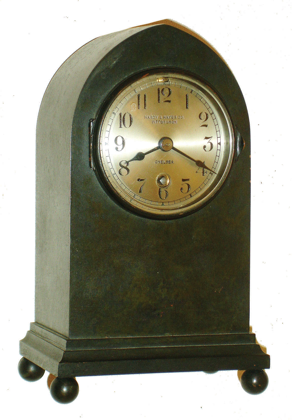Chelsea Clock Co., Boston, for Hardy &amp; Hayes, Pittsburgh, "Gothic" model 8 day time only, desk clock in bronze case, #60742, c1910 — Antique Clocks Price Guide