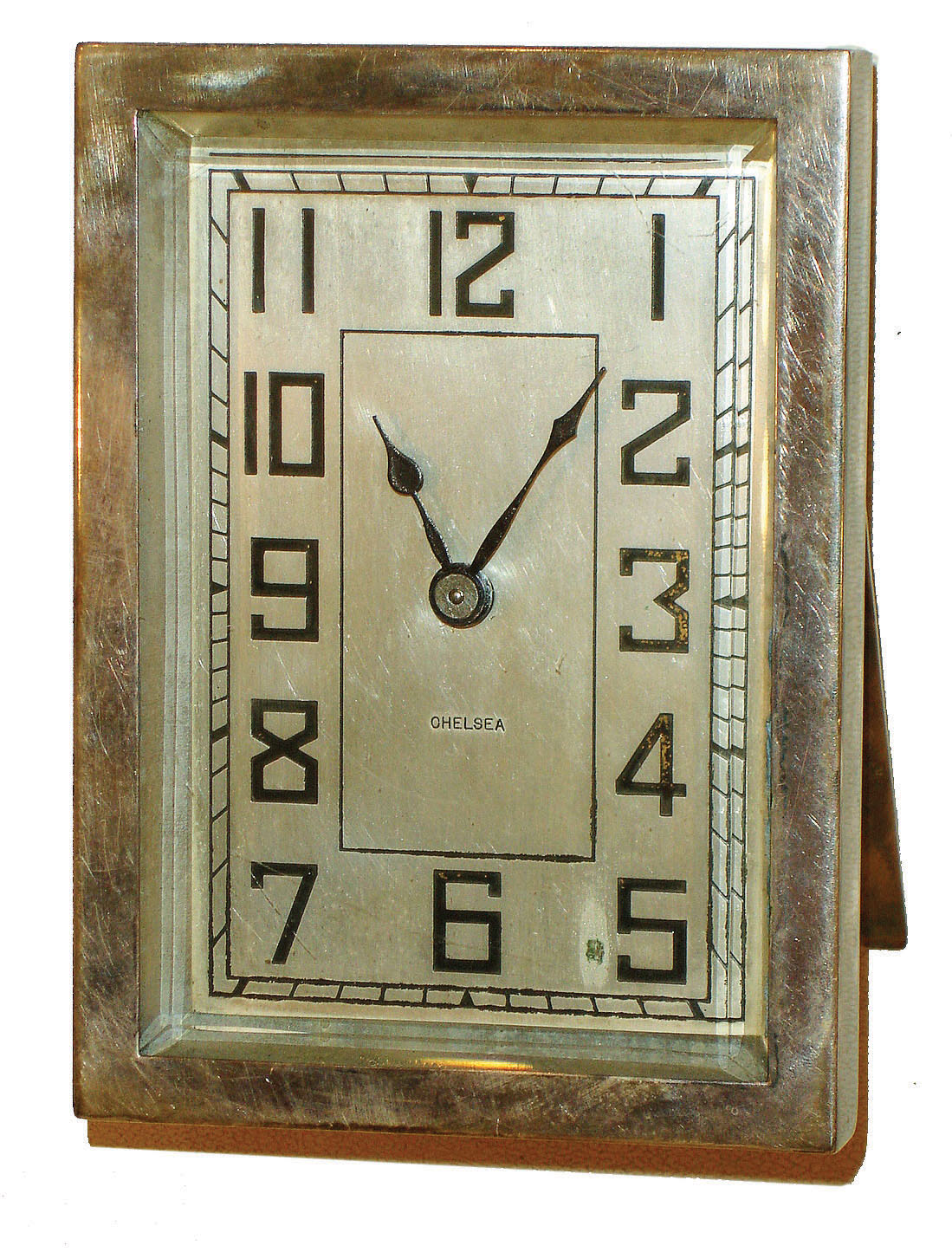 Chelsea Clock Co., Boston, "Gage" model 8 day time only, easel desk clock in silver plated case, #192330, 1929 — Antique Clocks Price Guide