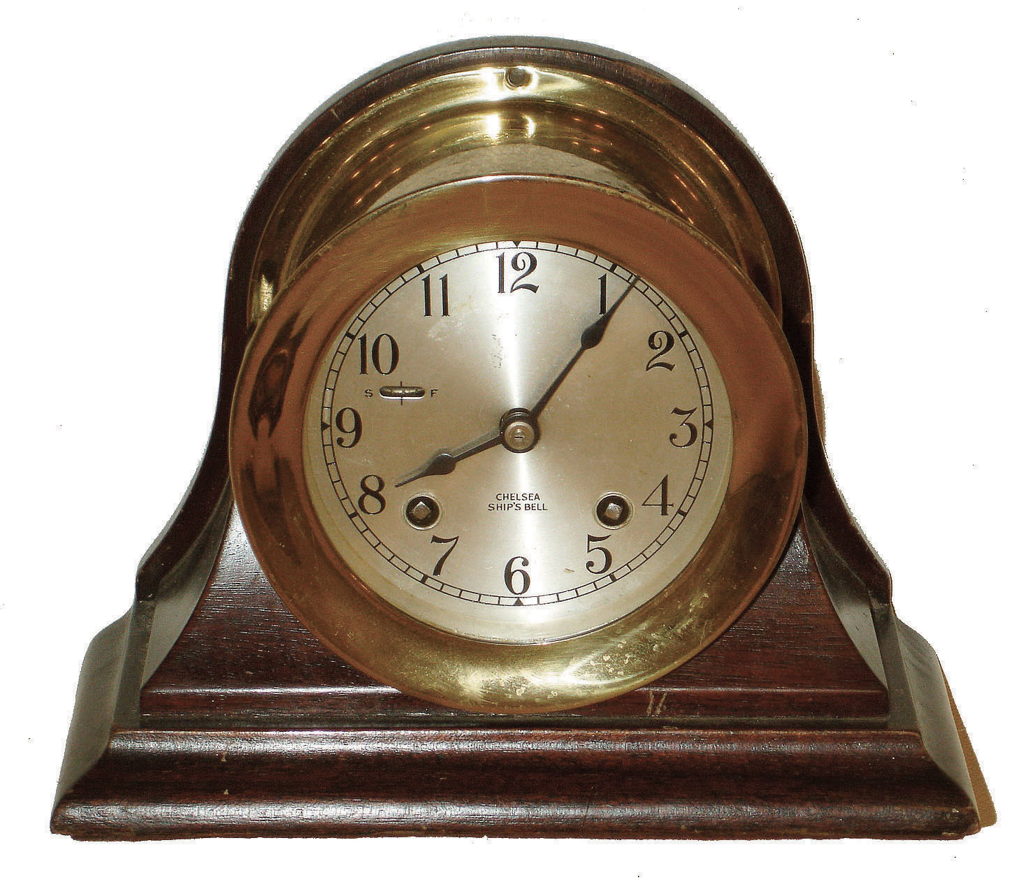 Chelsea Clock Co., Boston, 4" 8 day ship's bell striking marine clock in brass case with hinged bezel and mahogany cradle, #568341, c1952 — Antique Clocks Price Guide