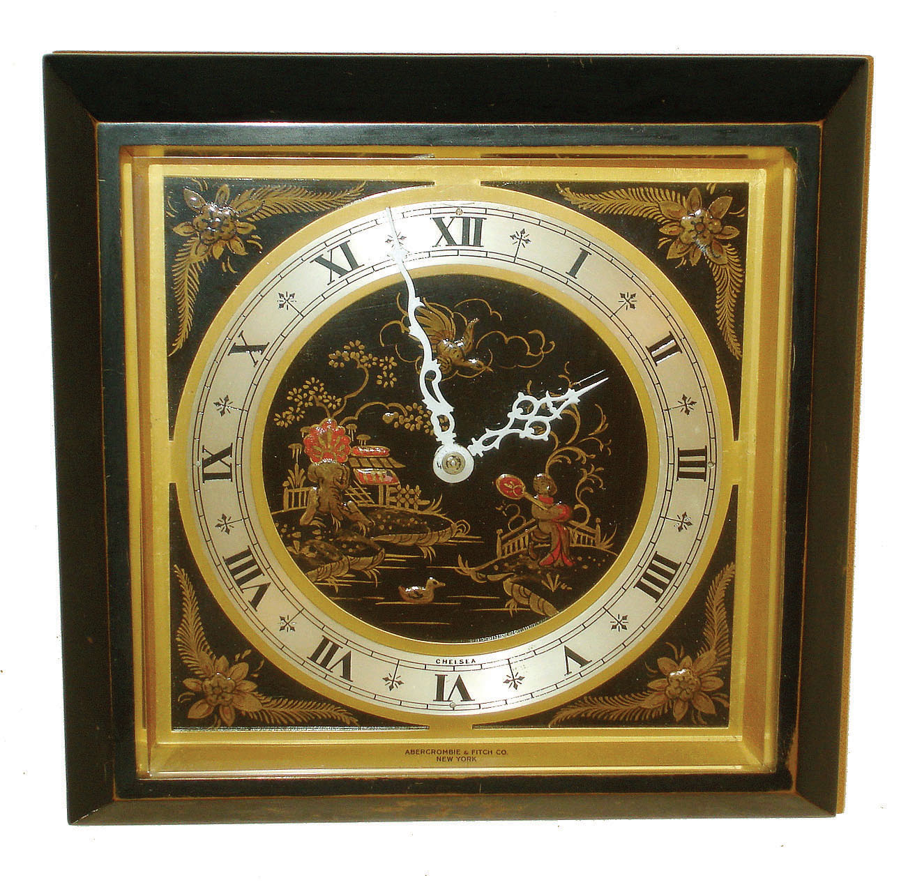 Chelsea Clock Co., Boston, for Abercrombie &amp; Fitch, "Chinese Lacquer" model 8 11/16" square bronze case easel desk clock, #277883, 1941 — Antique Clocks Price Guide