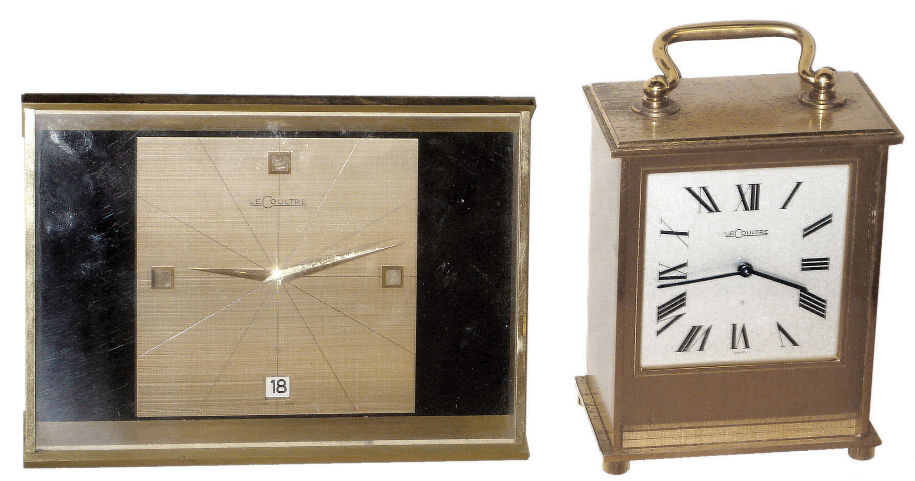 Clocks- 2 (Two) LeCoultre, Swiss-made 8 days,desk clocks in brass cases: #466 with calendar, #5510 with hour &amp; half-hour bell strike, later 20th century. — Antique Clocks Price Guide