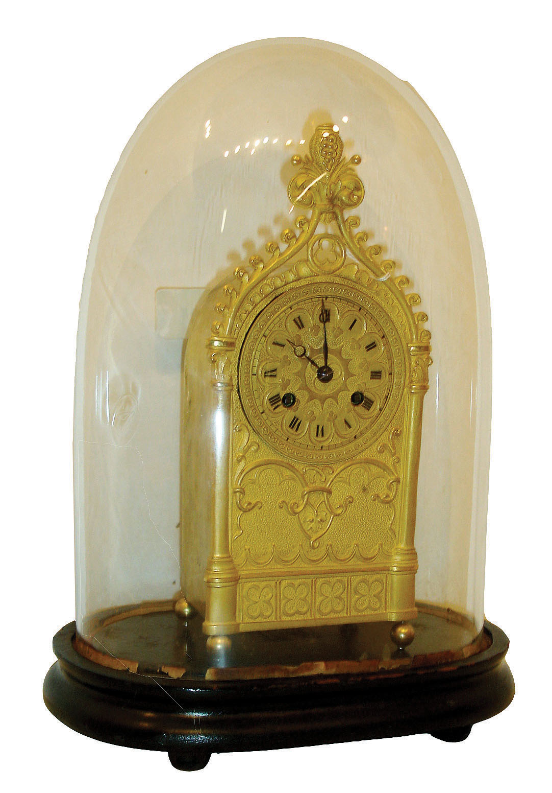 France, Paris, mini 8 days,bell striking clock with silk thread suspension and Gothic gilt bronze cathedral facade case under glass dome, c1850 — Antique Clocks Price Guide