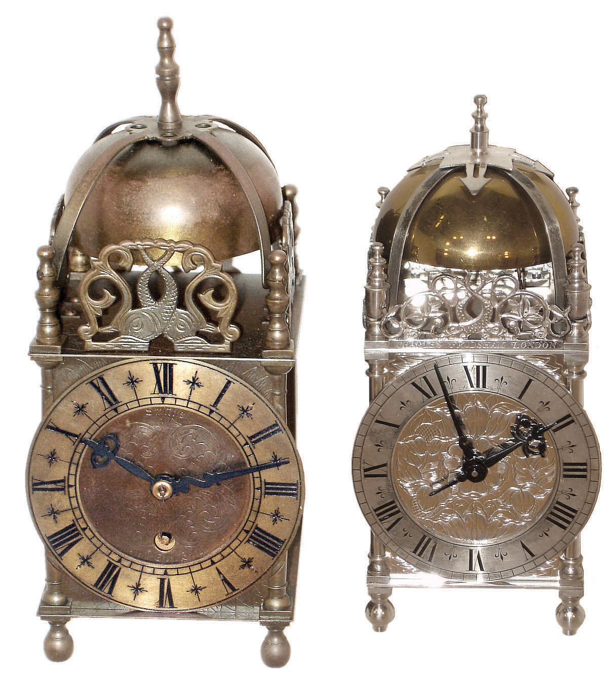 Clocks- 2 (Two) English Lantern clocks both 8 day platform escapement brass movements: (1) Smiths 7 jewel; (2) "Charles Frodsham, London" plated case with passing hour strike, both 20th century. — Antique Clocks Price Guide