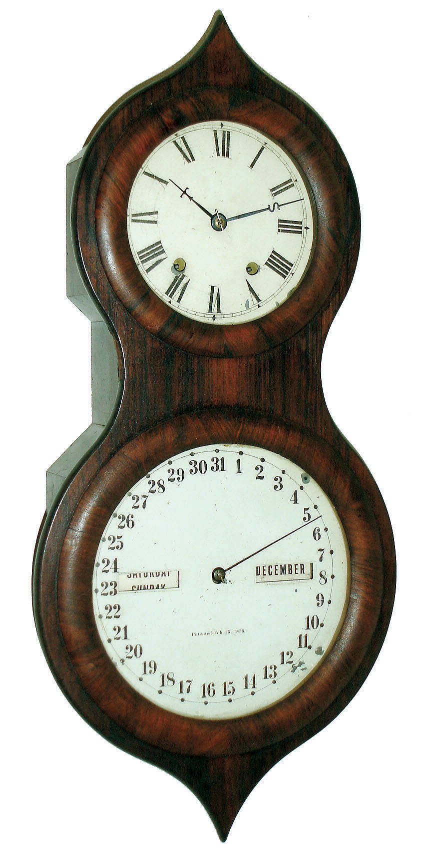 Seth Thomas Clock Co., Thomaston, Conn., "Office Calendar No. 3" model 8 day spring driven timepiece &amp; calendar wall clock often called the "Peanut", c1875. — Antique Clocks Price Guide
