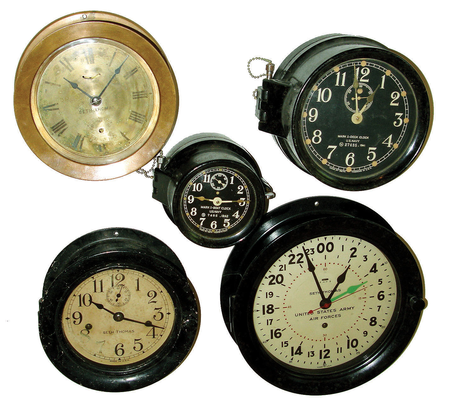 Clocks- 6 (Six) Seth Thomas Clock Co., Thomaston, Conn., marine timepieces - five with black phenolic hinged-bezel cases: 5" dial brass case with bayonet-mount bezel and side winding; 8" dial U.S. Army Air Forces with second hour hand; one 5" dial in brass case; one 3 1/2" dial Mark 1 Boat Clock U.S. Navy 1942 with rear winding and one 6" dial Mark 1 Deck Clock U.S. Navy 1941 rear wind; 6" dial with twin-springs. — Antique Clocks Price Guide