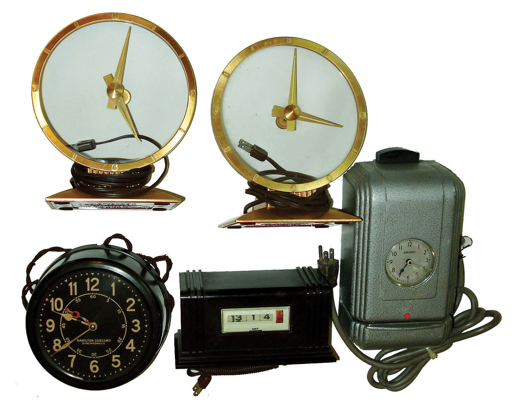 Clocks- 9 (Nine) plug-in electric mantel and wall clocks: Jefferson Golden Hour (2); Amano (Japan) time clock, Hamilton Sangamo black dial, Numechron digital, Telechron (2) in square wood hanging cases; Seth Thomas round metal case; Hamilton Sangamo in square wood case, all 20th century. — Antique Clocks Price Guide