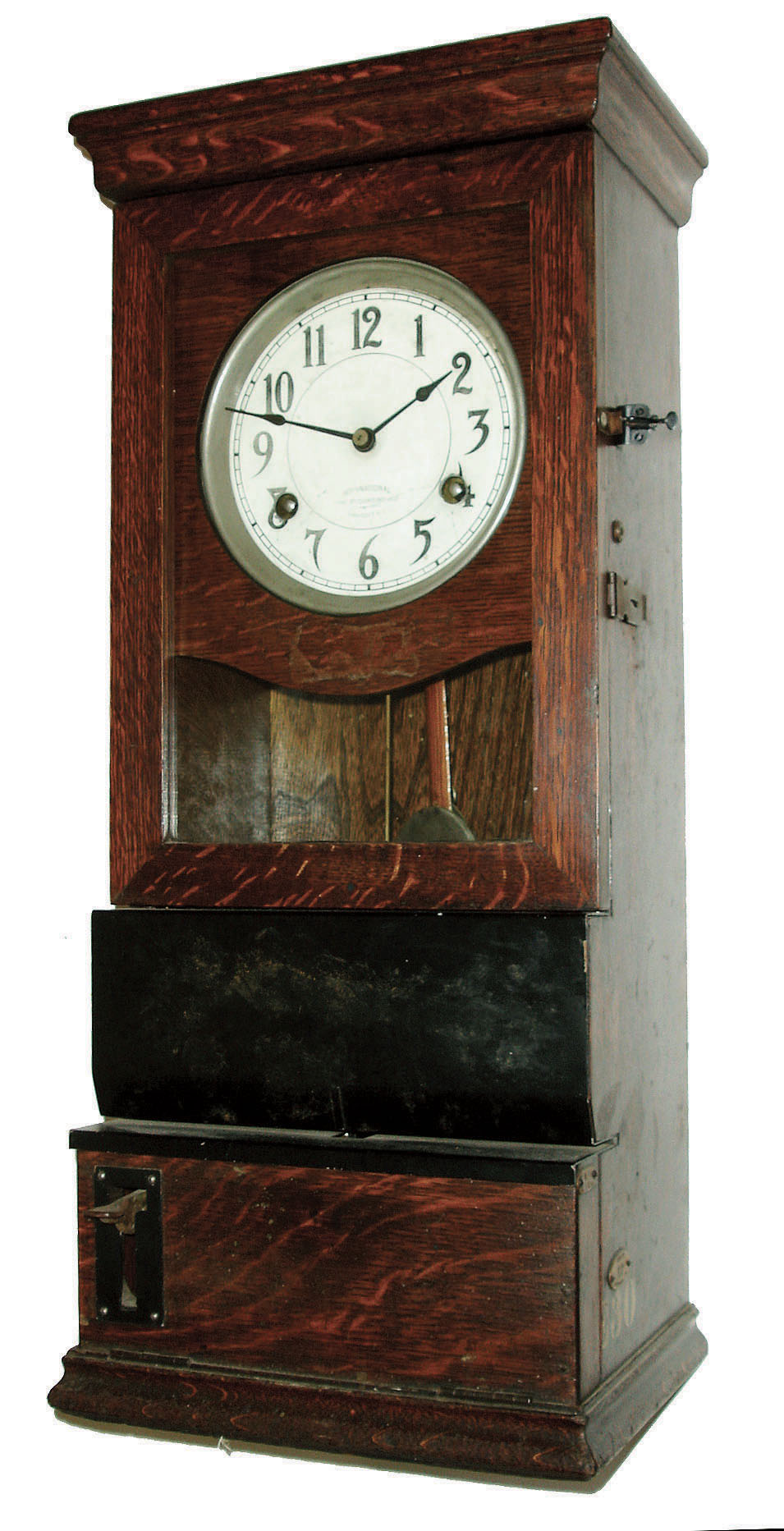 Clocks- 4 (Four) Industrial Clocks: International time clock with twin spring driven movement in large heavy oak case; Rapid print time clock metal-case plug-in electric; Simplex time clock round top metal case plug-in electric; Reliance Time Switch twin-spring driven movement. — Antique Clocks Price Guide