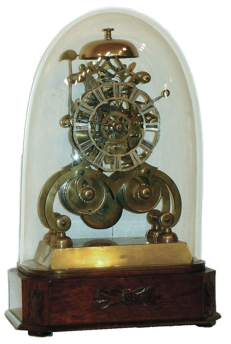 English-made, double fusee, bell striking skeleton clock with heavy scroll frame on heavy brass plinth and rosewood base, c1850 — Antique Clocks Price Guide