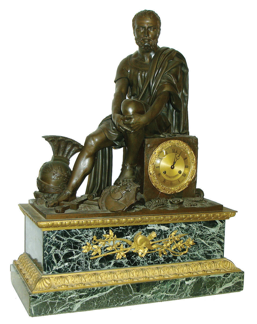 Ledure, Bronzier, Hemon, Hor., France, monumental figural mantel clock, the case featuring a large patinated figure of Hannibal among the ruins of Carthage, his sword and helmet at his feet, and surrounded by architectural fragments, the figure seated on the square clock case, gilt oak leaf and acorn wreath bezel with convex glass, signed Roman numeral gilt dial, blued steel Breguet style hands, on a stepped green marble base, the top section with gilt egg and dart molding, thje front mounted with a relief of a helmet, spear, and laurel fronds, the lower section with gilt bronze acanthus molding and oblong marble plinth, brass 8 days, time and strike, pendule a Paris movement signed "Hemon a Paris", and with silk thread suspension, c1820 — Antique Clocks Price Guide