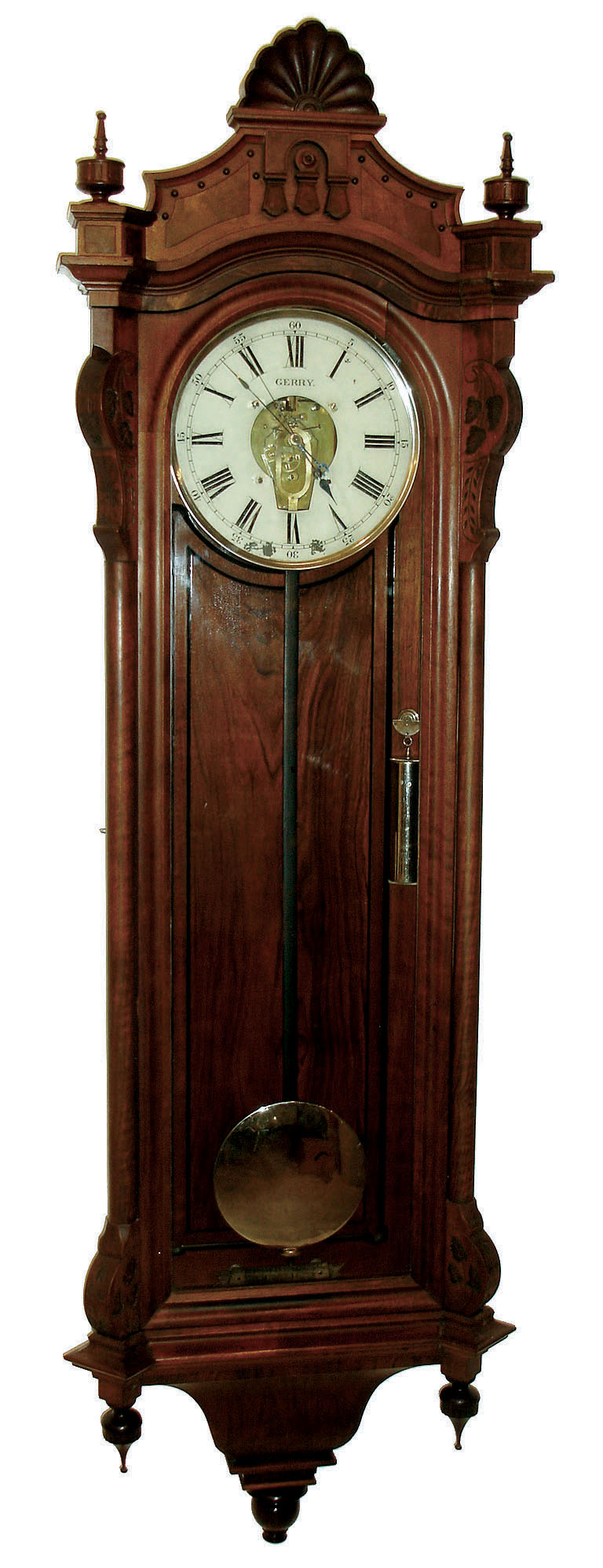 J.H. Gerry, New York, N.Y., in case provided by Seth Thomas Clock Co. as a variant of "Regulator No. 16" with 8 days, time only, weight driven movement in walnut case with J. H. Gerry patent gravity escapement, c1885 — Antique Clocks Price Guide