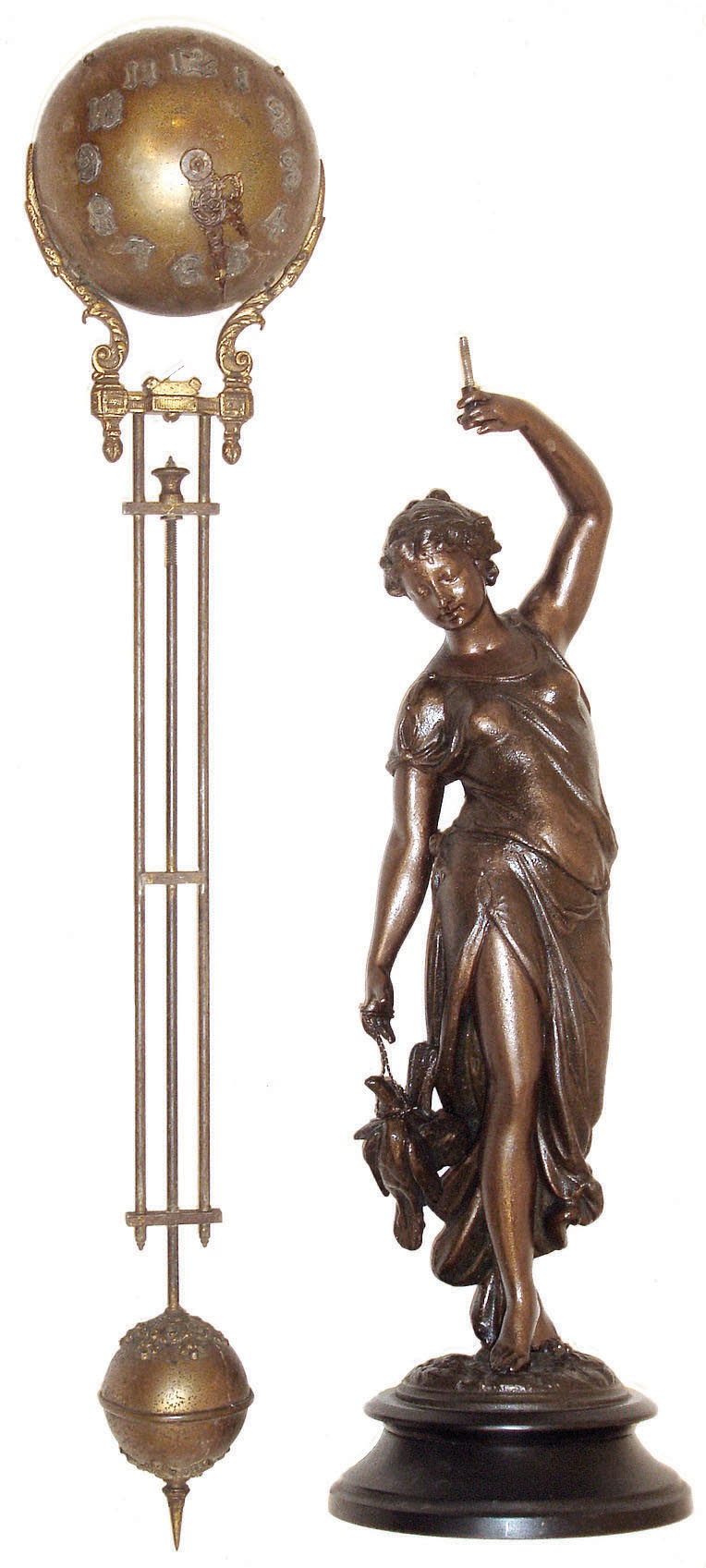Ansonia Clock Co., New York, "Huntress Ball Swing", the patinated spelter figure of a young woman carrying game birds and holding the clock aloft in her left hand, mounted to an japanned cast iron base, 8 day time only, movement mounted inside a brass sphere with cast ribbon ornament and applied Arabic numerals, Louis XV style hands, the lower section in gridiron style with smaller sphere at the bottom, c1900 — Antique Clocks Price Guide