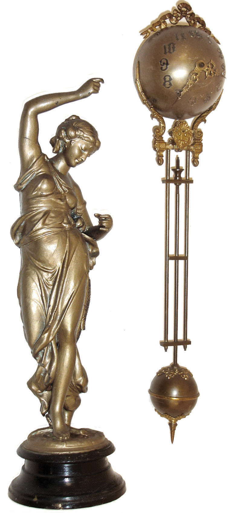 Ansonia Clock Co., New York, "Fisher Ball Swing", the patinated spelter figure of a young woman carrying fish and holding the clock aloft in her right hand, mounted to an ebonized cast iron base, 8 day time only, movement mounted inside a brass sphere with cast ribbon ornament and applied Arabic numerals, Louis XV style hands, the lower section in gridiron style with smaller sphere at the bottom, c1900 — Antique Clocks Price Guide