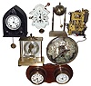 Clocks, movement, barometer - 7 (Seven) items: Seth Thomas Sons & Co., New York metal case 8 day mantel clock with calendar; Ansonia milk glass front wall clock with "Davies Pat." and detailed rear label; Self-Winding Co., New York movement; Wempe, German 8 day ship's-bells clock and barometer set mounted on wood plaque; Kundo, German electromechanical clock in brass & glass case; Lux Mfg. Co., Waterbury, CT brass ball head novelty clock; German glass front and back time-only wall clock