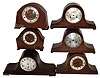 Clocks- 6 (Six) tambour style mantel 8 days mantel clocks: three German (1 Kienzle) 3 train Westminster chime; two oak German (one Haller); and one oak English Perivale with balance platform; all early 20th century.