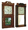 Clocks- 2 (Two) Connecticut wood movement shelf clocks: (1) Charles Kirk, Bristol, Conn., for E. C. Brewster 30 hour "groaner" style, time and strike, movement in stenciled half column & splat case, c1830; (2) (probably C. & N. Jerome, Bristol, Conn.), 30 hours, time and strike, movement with carved eagle crest double decker case, both c1833.
