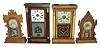Clocks- 4 (Four): (1) E. Ingraham & Co., Bristol, Conn., "Cadet", 8 days, time, strike & alarm movement in oak case, c1890; (2) Ansonia Clock Co., New York, "Buffalo", 8 days, time and strike, movement in oak case, c1910; (3) Seth Thomas, Plymouth Hollow, Conn., 30 hours, time and strike, in rose column case, c1855; (4) Seth Thomas, Plymouth Hollow, Conn., 30 hours, time and strike, in shell column case, c1865.