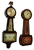 Clocks- 2 (Two): (1) Possibly by George D. Hatch, North Attleboro, MA, 8 days, weight driven brass movement regulator style timepiece, c1860; (2) Sessions Clock Co., Forestville, Conn., "Alden", 8 day time only, spring driven brass movement banjo timepiece, c1925.