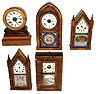 Clocks- 5 (Five) Connecticut shelf: (1) E. N. Welch Mfg. Co., Bristol, Conn "Grecian" 8 day time, strike and alarm, mahogany case with painted dial, c1890. (2) E. N. Welch Mfg. Co., Forestville, Conn "beehive" 8 days, time and strike, c1870 (3) J. C. Brown, Forestville, Conn steeple clock, 30 hours, time and strike, c1850. (4) Brewster & Ingrahams, Bristol, Conn steeple clock 8 days, time and strike, steeple clock with Kirk's Patent iron back plate movement, c1845. (5) New Haven Clock Co, New Haven, Conn miniature OG, 8 days, time and strike, c1875