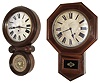 Clocks- 2 (Two) wall: (1)Terry Clock Co., Pittsfield, Mass., 8 day time only, spring driven brass movement drop octagon wall clock, c1885. (2) E. Ingraham & Co., Bristol, Conn., "Ionic", 8 day time (only) spring brass movement wall clock, c1885.