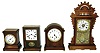 Clocks- 4 (Four) Seth Thomas, Thomaston, CT, shelf. (1) "Turin" model cabinet clock, 8 days, hour & half hour strike, c1913 (2) "Tory" model 8 day hour strike cabinet clock, c1913. (3) Cottage clock, 8 day hour & half hour strike, mahogany with painted dial, c1910. (4) "Eclipse" special order "premium" walnut parlor clock, 8 day hour & half hour strike & alarm, c1890.