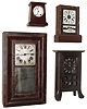 Clocks- 4 (Four) Connecticut shelf: (1) Seth Thomas Clock Co., Thomaston, CT, "Derby" model 8 day time and hour/half-hour strike in mahogany case, c1913.  (2) Henry C. Smith, Plymouth, Conn., 30 hours, time and strike,, weight driven wood movement in a mahogany veneered case, c1838; (3) Seth Thomas Clock Co., Thomaston, Conn., "Cottage" model 30 hours, time and strike,, shelf clock in mahogany case, c1880.  (4) New Haven Clock Co., New Haven, Conn., "San Pedro" model 8 day spring driven time & hour/half-hour strike "Mission" oak case shelf clock, c1913.