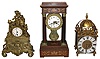 Clocks- 3 (Three): French portico clock with rosewood veneered marquetry case, 8 days, time and strike, movement, gilt gridiron style pendulum, Roman numeral white enamel dial, c1850, French bronze figural mantel clock, heavily ornamented in the rococo style, and seated figure and serpent, Roman numeral white enamel dial, 8 day timepiece movement, movement and dial signed "Laine a Paris", lantern clock, brass case in the English style, Roman numeral silvered dial, French 8 days, time and strike, movement, c1900