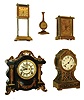 Clocks- 5 (Five) shelf and novelty: (1) Ansonia Clock Co., New York, "Toulon" model 8 days, time and strike, enameled iron case, c1904. (2) Ansonia Clock Co., New York, "Peep-O'-Day" Carriage clock with spring driven one day time and musical alarm, c1886. (3) Ansonia Clock Co, New York. "Thebes" model 8 days, time and strike, in metal case, c1911. (4) Lux Mfg. Co., Waterbury, Conn., unidentified model shaped like a watch holder, c1915. (5) Ansonia Clock Co., New York. "Gravity Clock". 36 hour timepiece novelty, c1924,