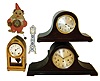 Clocks- 5 (Five): Ansonia brass 8 days, time and strike,,; Delft quartz miniature long case clock "Special made for Christiaan Huygens"; German moving-eye clown; Junghans German 8 day Westminster-chime tambour with "A42" 3-train movement; and Seth Thomas 8 days, time and strike, tambour