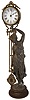 Ansonia Clock Co., New York, "Huntress Swing", the patinated spelter figure of a young woman carrying game birds and holding the clock aloft in her left hand, mounted to a cast iron base, 8 day time only, movement mounted inside a cylinder with cast ribbon ornament, the lower section in gridiron style with cameo style "pendulum" at the bottom, c1900