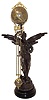 Ansonia Clock Co., New York, "Gloria Ball Swing", patinated, winged female figure with lyre and holding the clock aloft in her right hand, standing on a globe, bound with laurel wreath, and with ebonized iron base, 8 day time only, movement mounted inside a brass sphere with cast ribbon ornament and applied Arabic numerals, Louis XV style hands, the lower section in gridiron style with smaller sphere at the bottom, c1900