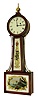 Chelsea banjo clock, mahogany case with rounded mahogany frames, reverse painted glasses, the lower with seaside scene, the upper with gilt scrolls and basket of flowers, turned wooden bezel, Roman numeral white painted dial, steel moon hands, brass 8 day weight driven timepiece movement, serial #2043, c1900