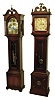 Tall clocks- 2 (Two); (1) Herschede retailed by Stowell & Co., Boston in mahogany case with moon phase. 8 days,three weight time, strike and chime movement, c1960, (2) attributed to New Haven Clock Co., New Haven, Conn., with cherry case, 8 days, time and strike movement c1900