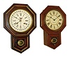 Clocks- 2 (Two) Connecticut wall: (1) Seth Thomas Clock Co., Thomaston, "10 Inch Drop Octagon" 8 days, time and strike,,; c1900. (2) Waterbury Clock Co., Waterbury, "10 Inch Drop Octagon" 8 day time, strike & calendar clock, c1900.