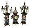 France, 3-piece mantel garniture clock set, red, white and blue porcelain, with bronze trim and glass prisms, Vincenti striking movement contained within the largeset urn. C.1890