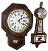 Clocks- 4 (Four) wall: Seth Thomas 1952 8 days, time and strike, banjo clock; Seth Thomas 1943 oak square-head time only; Linden stained wood school clock with newer quartz movement; oak school clock by H.T. Clockmakers, Inc., Farmingdale, NY