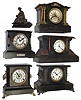 Clocks- 5 (Five) Black Mantel Connecticut 8 days, time and strike,, plus one figural top ornament: three Ingraham wood; New Haven iron; unsigned in stone case; late 19th century
