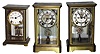 Clocks- 3 (Three): Ansonia Clock Co., crystal regulator 8 days, time and strike, brass and glass mantel clocks: two "Prism" models with visible escapements and "Jeweled Sash" rhinestone bezels and pendulums: one "Dorval" smaller size