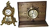 Clocks- 4 (Four) Seth Thomas ship's bells with German 8 day works on wood display, c1950; Jerome & Co. 30 hours, weight driven OG shelf clock, c1875; Jennings Bros. by Waterbury gilt cast metal mantel clock with porcelain plaque, c1910; Seth Thomas small rear-wind 8 days, time and strike, pillar and scroll c1963.