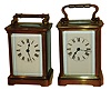 Clocks- 2 (Two) French carriage: 8 day time only, brass and beveled glass with white porcelain dials and cylinder-escapement platforms, c1900