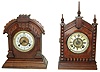 Clocks- 2 (Two) Ansonia Clock Co., New York, cabinet clocks: (1) "Turkey" model 8 day hour and half hour strike spring driven movement in black walnut case with metal dial, c1894. (2) "Tunis" model 8 day hour and half hour strike spring driven movement in black walnut case with porcelain dial, c1894.
