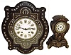 Clocks- 2 (Two) French inlaid ebonized wood 8 days, time and strike,: ornate mantel with movement stamped Laveau (?) Freres, Paris; Morbier bakery wall clock with mother-of-pearl inlay and enameled dial with porcelain cartouche numbers; late 19th century