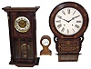 Clocks- 3 (Three): Anglo-American 8 days, time and strike, inlaid wall clock; German 8 days, time and strike, walnut box regulator; french small solid grained hardwood balloon case desk clock with cylinder escapement; early 20th century