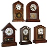 Clocks- 5 (Five): (1) Seth Thomas Clock Co., Thomaston, 8 days, time and strike,. (2) E. Ingraham & Co., "Doric", 8 days, time and strike,, c1880. (3) Waterbury Clock Co., Waterbury "Dexter" 30 hours, time, strike & alarm, c1875. (4) Ansonia Brass & Copper Co., 8 days, time and strike, round top, c1875. (5) E. Ingraham & Co., Bristol, "Pony" (no label) 8 days, time, strike & alarm, c1880.