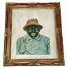 German Hoyt Life Picture "Black Farmer" Automaton layered color lithograph of a black farmer, dressed in red hat, blue and white checked shirt and overalls. The spring key wind movement winds from the rear and actuated from the side, causes head to tilt left and right, the mouth to open and close and the eyes to look left to right. This is an unusual of example of black memorabilia, set within a fancy carved gold frame, c1895