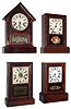 Clocks- 4 (Four): 30 hours, Seth Thomas, Plymouth Hollow "Cottage" model, c1865, two 8 days,Seth Thomas, Thomaston, cottage clocks, c1880 and one 30 hours, Waterbury Clock Co. "Dexter", c1875.